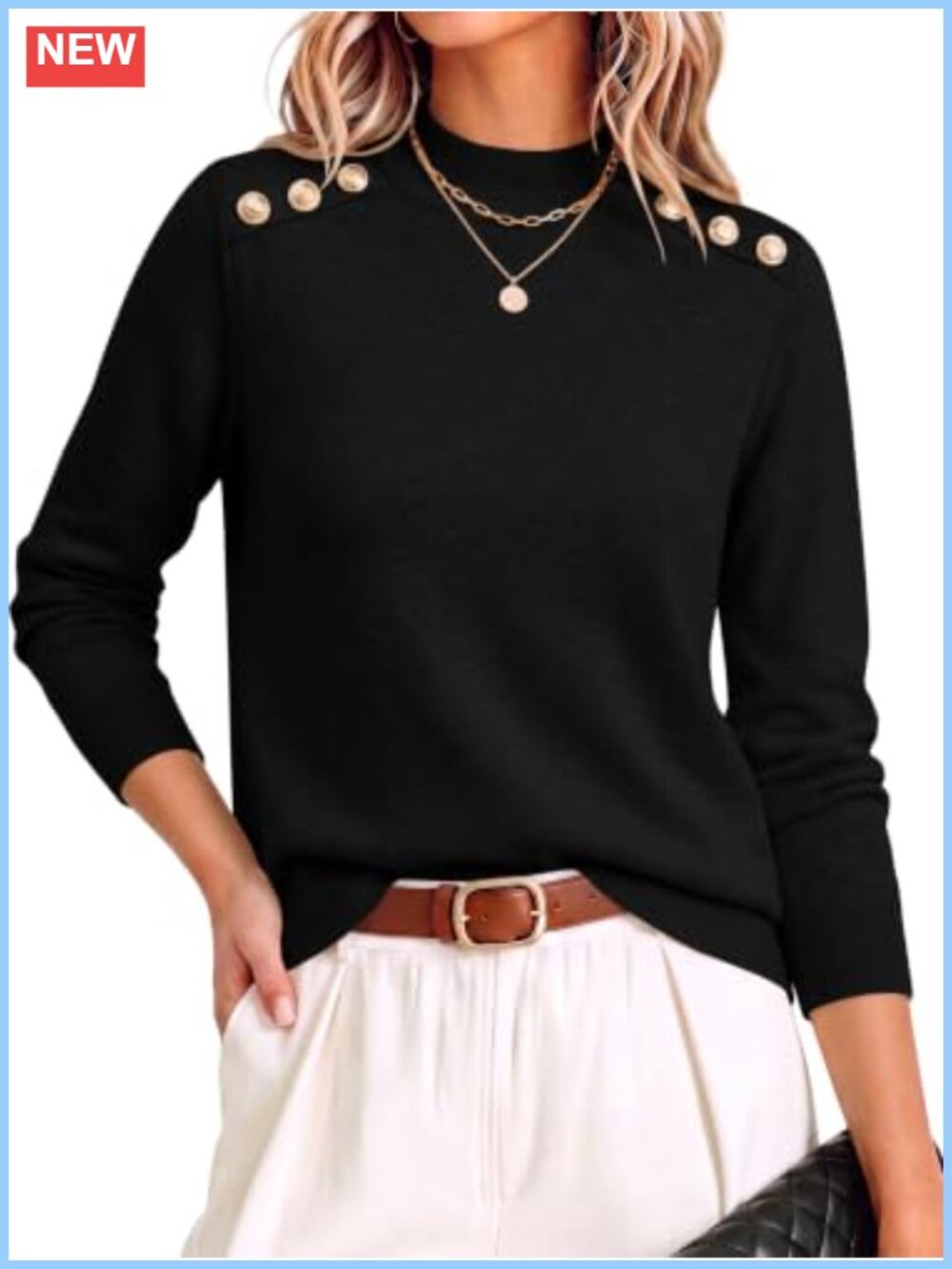 Mock Neck Long Sleeve Pullover Sweater Ribbed Knit Button Shoulder